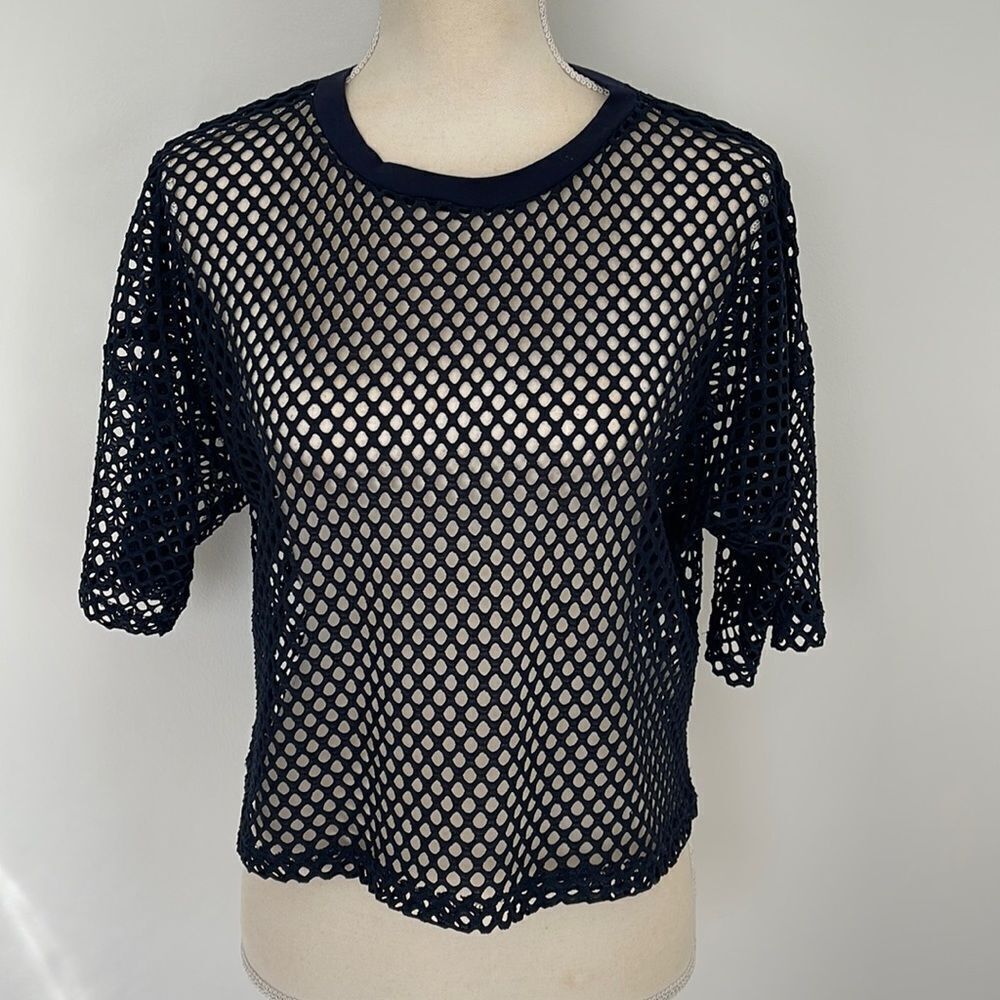Sheer Mesh Fishnet Short Sleeve Crop Top (Dark Navy Blue)